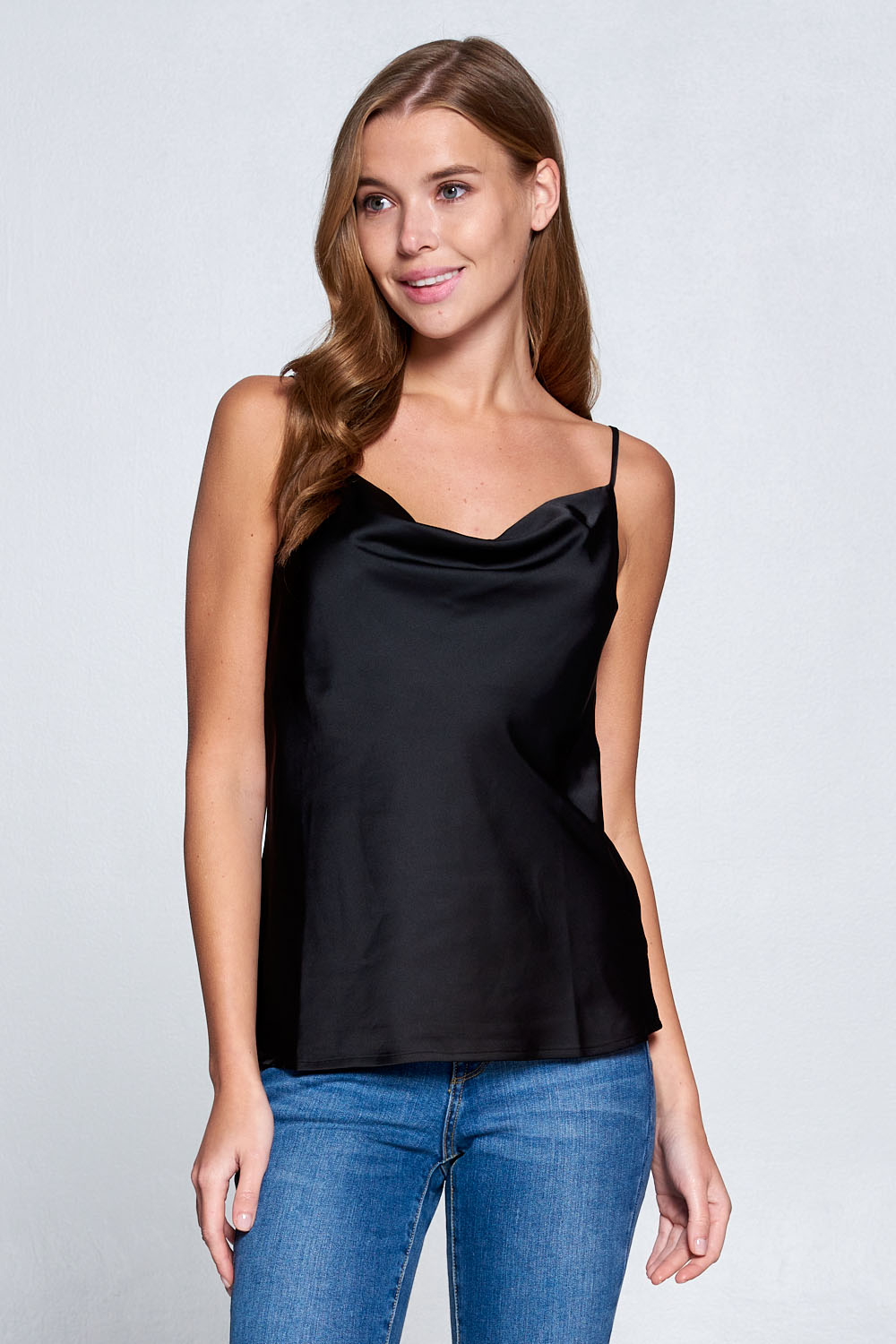 Wholesale clothing WOVEN TOP: Solid Stretch Satin Cowl Wholesale clothing WOVEN TOP: Solid Stretch Satin Cowl